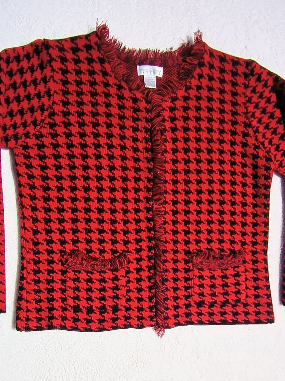 Worthington Red and Black Houndstooth Fringe Jacket